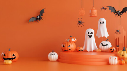 Fototapeta premium A festive 3D render celebrating Halloween with a playful and spooky design. The scene features a podium stand, ideal for showcasing products, set against a dark orange background to evoke a Halloween 