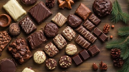 Assorted Gourmet Chocolates with Festive Holiday Decor - A beautiful arrangement of assorted gourmet chocolates decorated with holiday pinecones and greenery, perfect for festive celebrations.