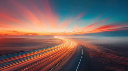 Highway Road Through Sunset Sky