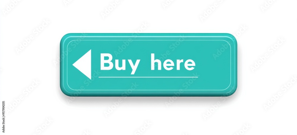 Poster teal 'buy here' web button with arrow on white background