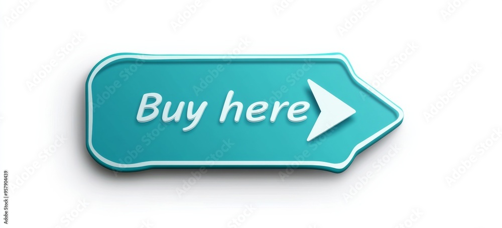 Poster teal 'buy here' web button with arrow on white background