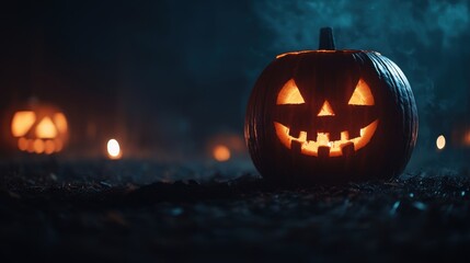 Dark Ritual: Carving Jack-o'-Lantern with Eerie Symbols - Halloween Spooky Concept with Copy Space