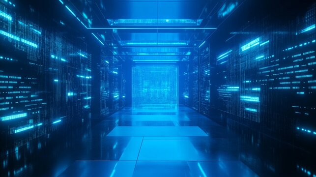 Abstract metaverse room on blue backdrop. Technology and innovation concept. 3D Rendering