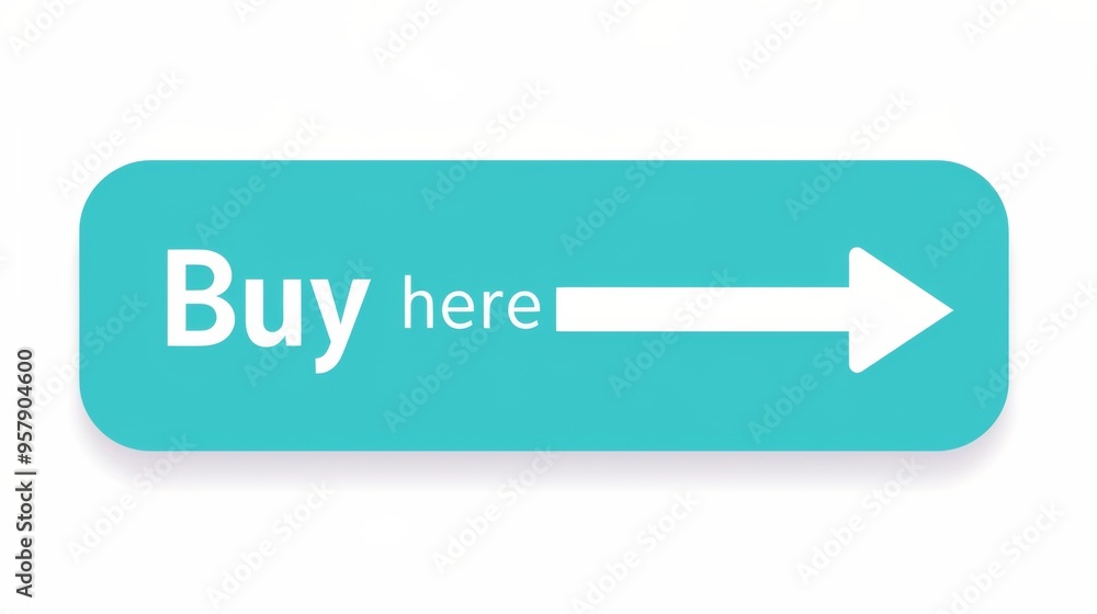 Poster teal 'buy here' web button with arrow on white background
