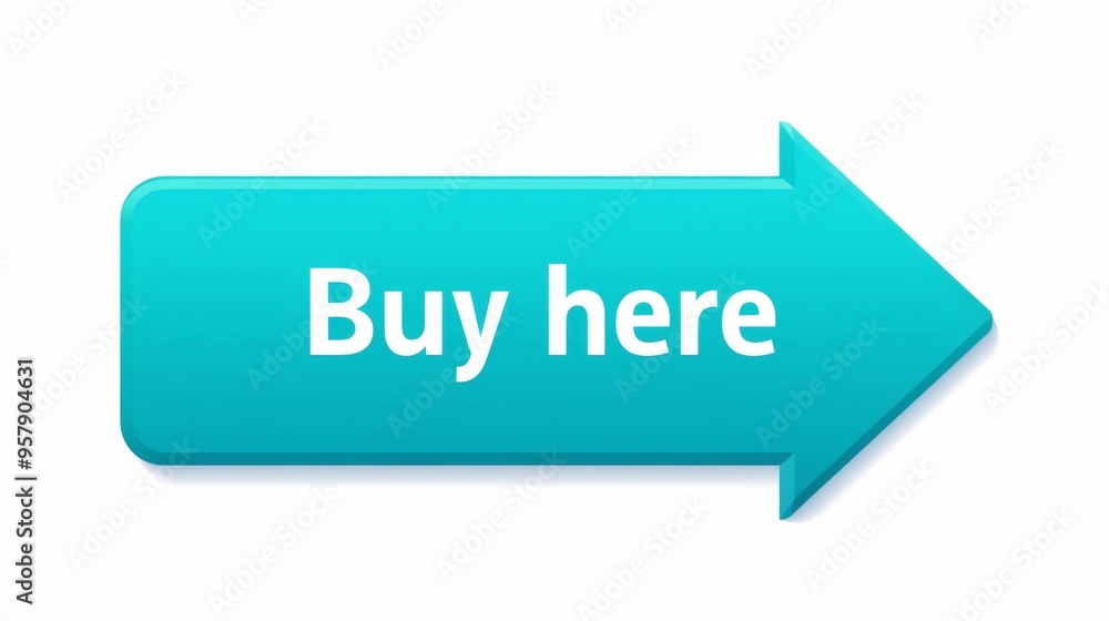 Poster teal 'buy here' web button with arrow on white background