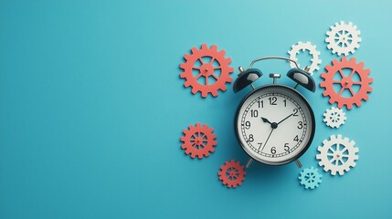 A vintage clock surrounded by colorful gears, symbolizing time management and mechanical precision on a vibrant blue background.