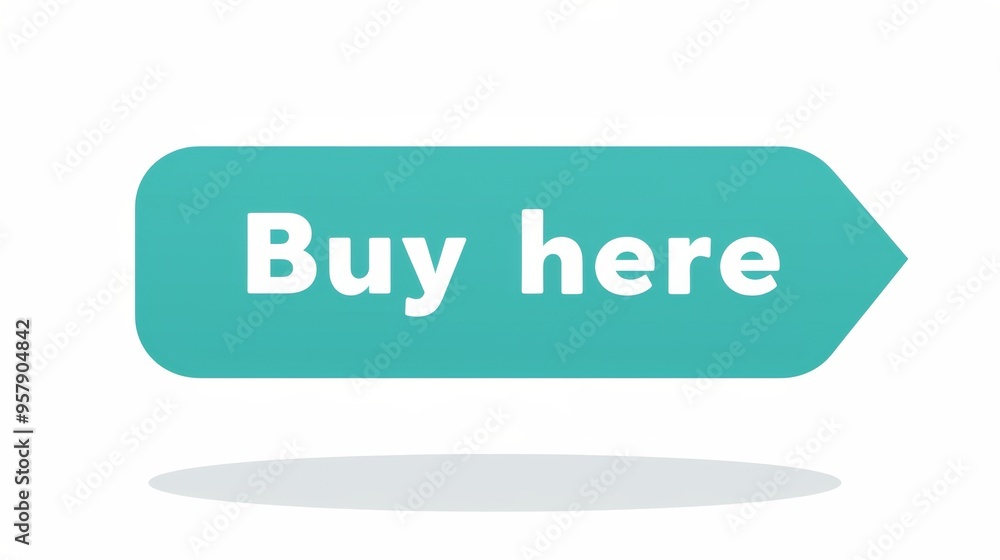 Poster teal 'buy here' web button with arrow on white background