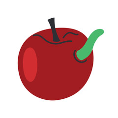 Creepy poisonous apple for Halloween celebration, vector illustration of red fruit with quirky worm, horror party decoration, trick o treat, autumn icon, isolated colored clipart on white background