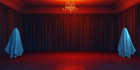 spooky halloween background with red curtains, chandelier, and ghostly silhouettes for creepy advertisement display