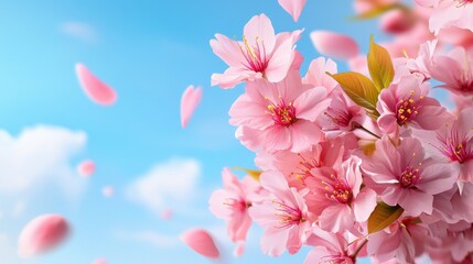 Pink Cherry Blossom Flowers with Falling Petals Against Blue Sky