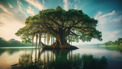 banyan tree in the middle of a lake