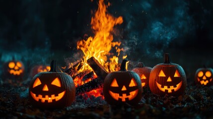Spooky Halloween Bonfire with Glowing Jack-o'-Lanterns at Night, Copy Space for Text, Selective Focus - Ultra HD