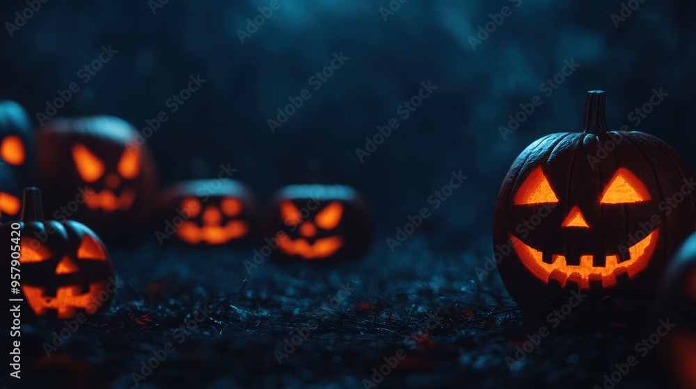 Poster eerie halloween night: jack-o'-lanterns coming to life in dark, spooky scene with copy space for tex