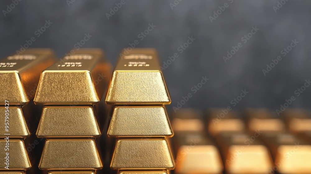 Poster fortified fortunes: shiny gold bullion stacks in secure vault background - with copy space for text