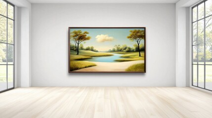 Fototapeta premium Tranquil Beauty: Captivating Antique Oil Painting of a Serene River Meandering through a Luxuriant Valley Landscape