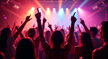 Crowd enjoying a vibrant concert with colorful lights and confetti in a lively venue during the evening hours