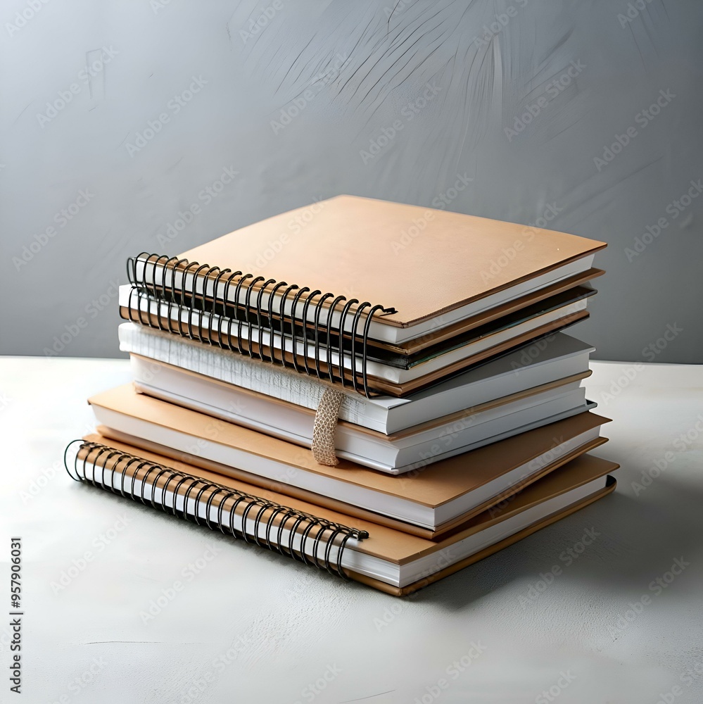 Poster a stack of four spiral bound notebooks. with the top one being brown and the others featuring a more