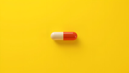 The tablet is a capsule on a yellow background The concept of medicine vitamins dietary supplements for humans maintenance of immunity and health