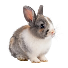 Obraz premium Adorable grey and white baby rabbit with pink nose sitting isolated transparent background