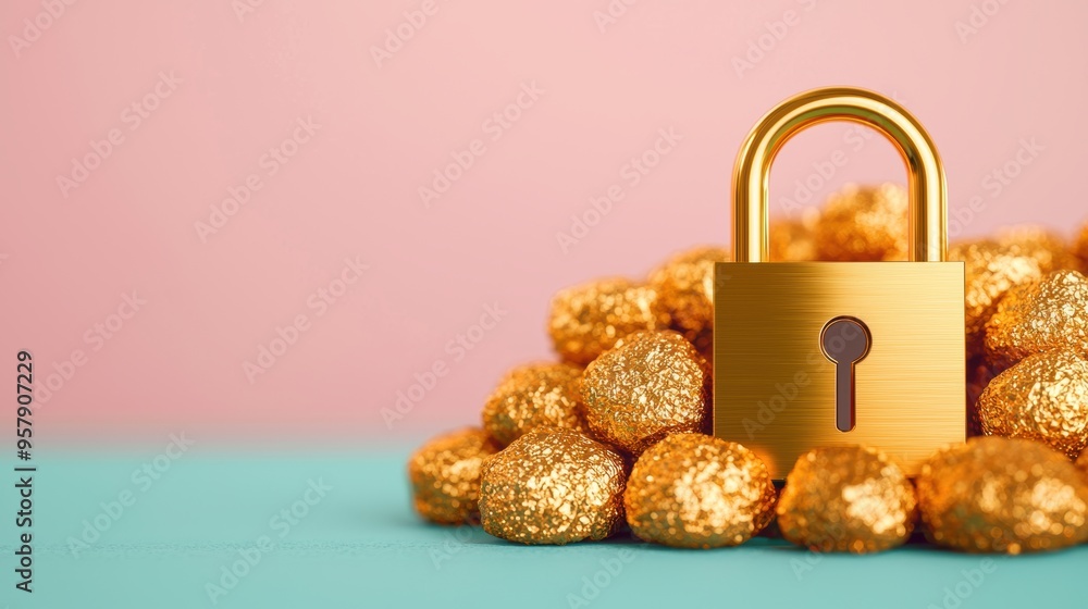 Poster banking on security: gold nuggets with lock symbolizing secure financial future in with copy space, 