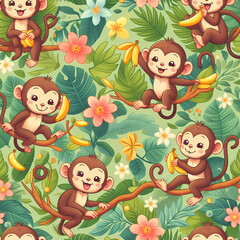 Naklejka premium Playful Monkeys in a Lush Jungle: Seamless Pattern Design for Prints Featuring Adorable Monkeys, Tropical Leaves, and Vibrant Flowers, Perfect for Fabrics, Stationery, and Home Decor