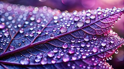 Close-up of a purple leaf covered in dewdrops, with soft blurred light in the background