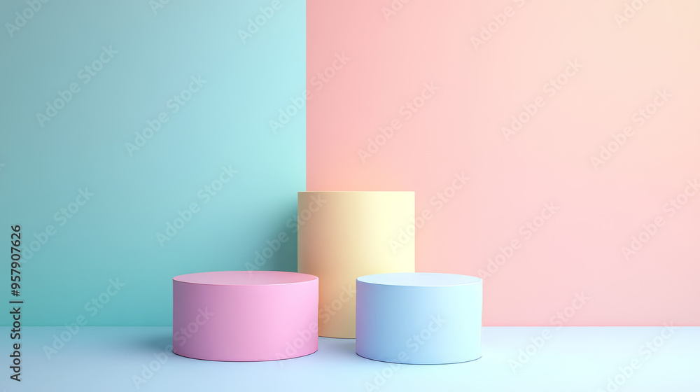 Poster a sleek 3d render featuring a minimalistic and realistic pastel display podium, perfect for product 