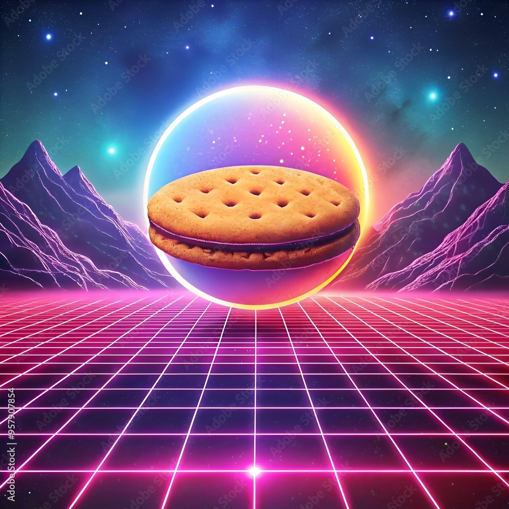 Poster a delicious 3d donut floating in a neon hued retro 80s landscape. perfect for adding a touch of nost