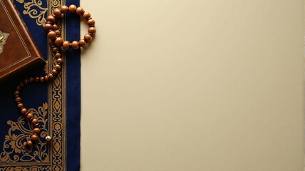 Fototapeta premium Islamic Muslim background with copy space featuring tasbih and Quran and prayer carpet, for any Islamic designs.