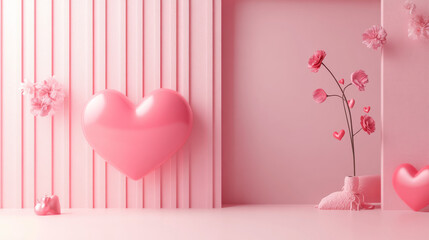 A charming 3D render featuring a minimalistic and sweet love scene, perfect for greeting cards, webpage banners, photo frames, or social media. The background is adorned with a soft, pastel color pale