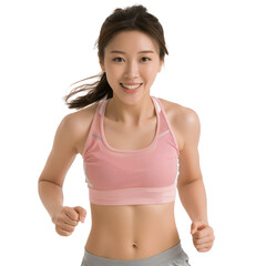 Smiling Woman Running in Pink Sports Bra and Gray Shorts
