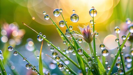 Close-up of droplets on plant with blurred grass and flowers background