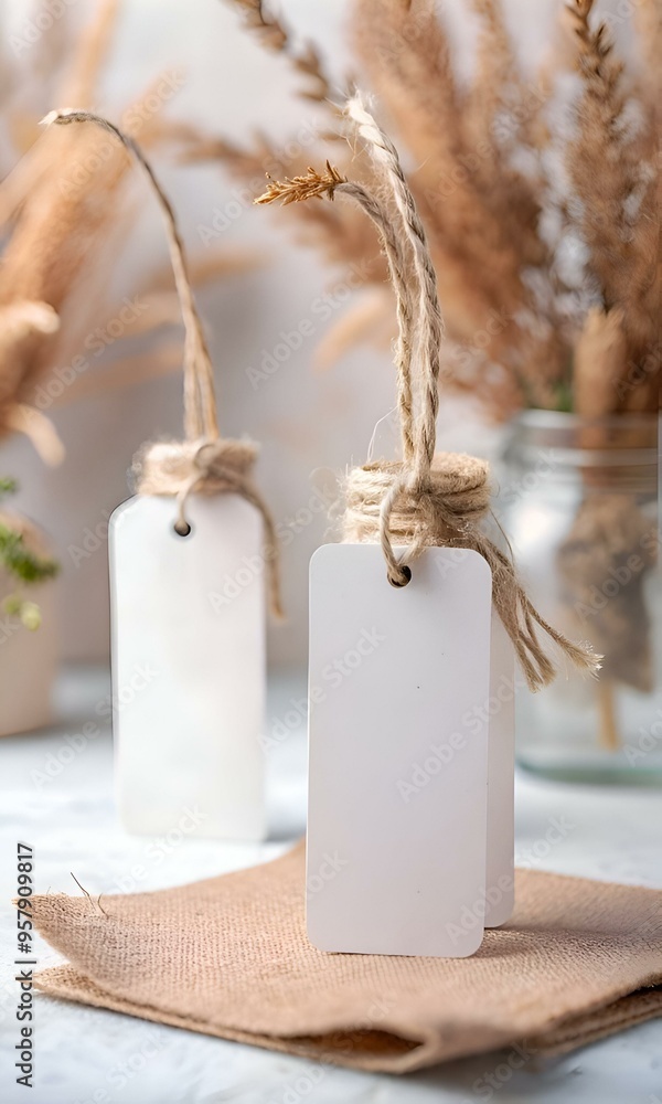 Poster two blank tags with twine and a rustic burlap background.