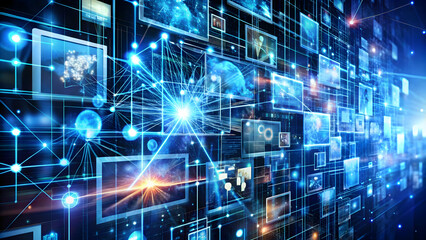 Obraz premium Intricate web of screens showcasing various data, symbolizing the interconnectedness of the digital world. Dynamic network of screens connected by lines of light, representing