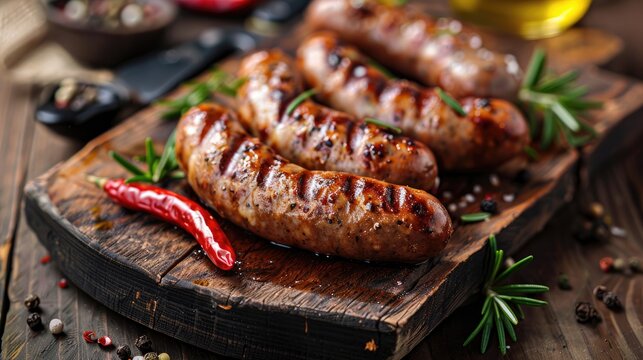 Sausages cooking on a wooden background in rustic style