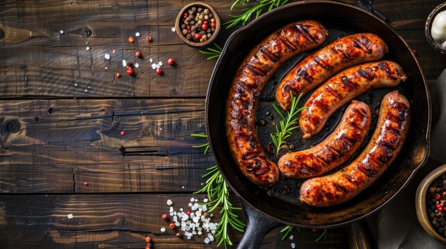 Sausages cooking on a wooden background in rustic style