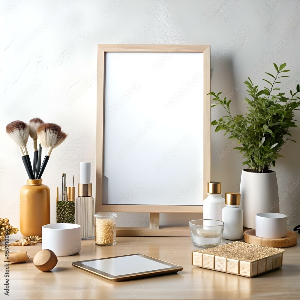 Poster a stylish and minimal workspace with a blank canvas frame. tablet. and decorative elements.