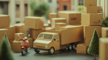 A 3D render showcasing the concept of online shopping delivery. The scene features brown cardboard boxes or parcels prominently in the foreground, symbolizing shipments. Nearby, a delivery truck and a