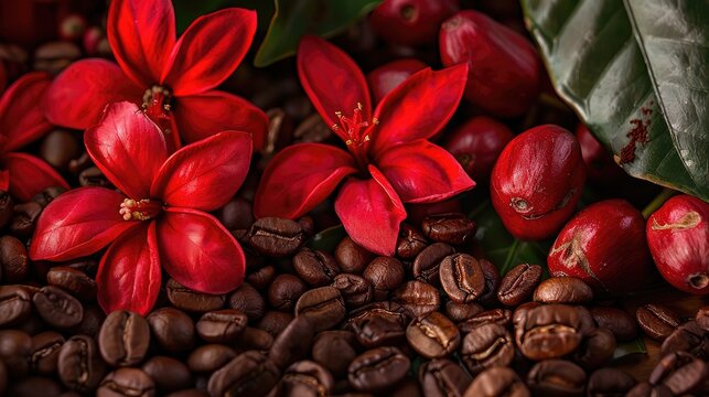 Scarlet blooms and java seeds