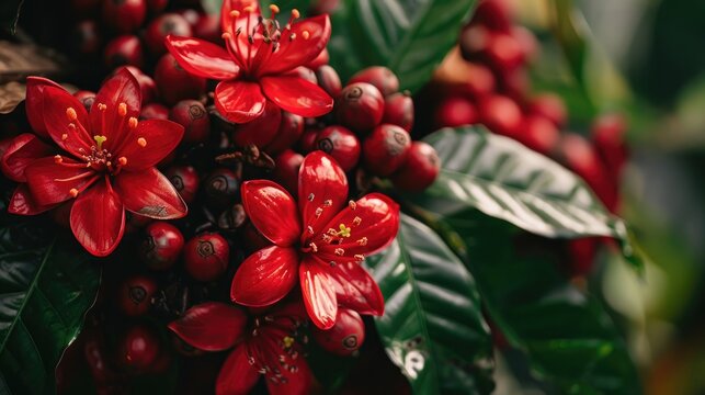 Scarlet blooms and java seeds