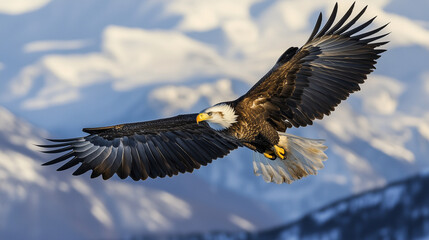 Obraz premium A majestic eagle soaring high above snow-capped mountains, with its wings spread wide
