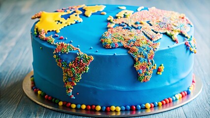 Detailed photo of a blue cake with a world map design and colorful sprinkles on top