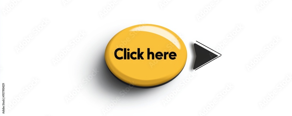 Poster yellow button with black 'click here' text and arrow on white background