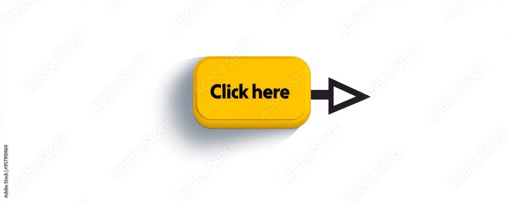 Poster yellow button with black 'click here' text and arrow on white background
