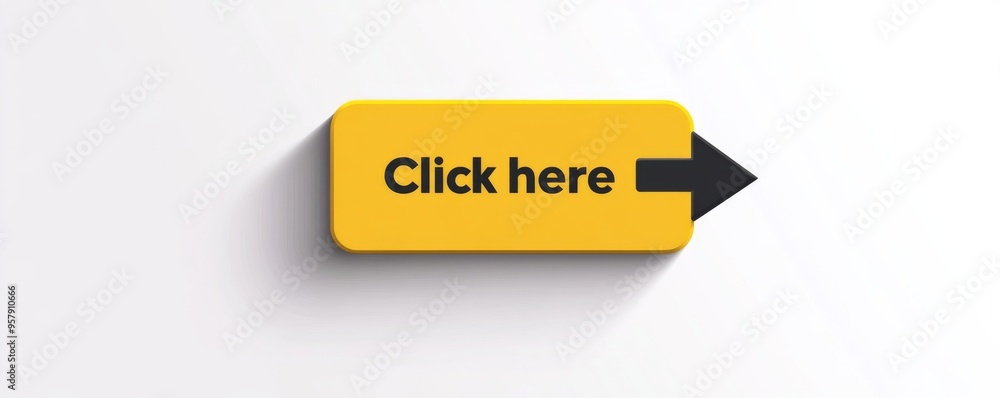 Poster yellow button with black 'click here' text and arrow on white background
