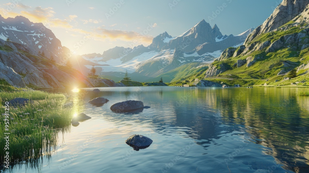 Wall mural Scenic Summer Views Mountain Lake in Sunlight