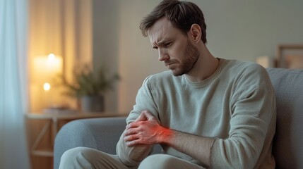 Fototapeta premium A man is sitting on a couch with his hand on his elbow, experiencing pain in the elbow.