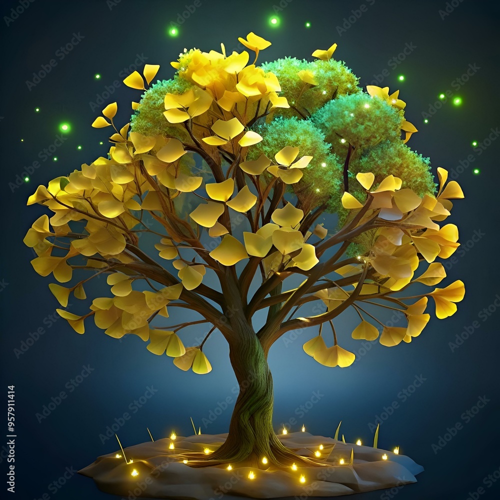 Poster a whimsical 3d illustration of a ginkgo tree with glowing leaves and lights. perfect for adding a to