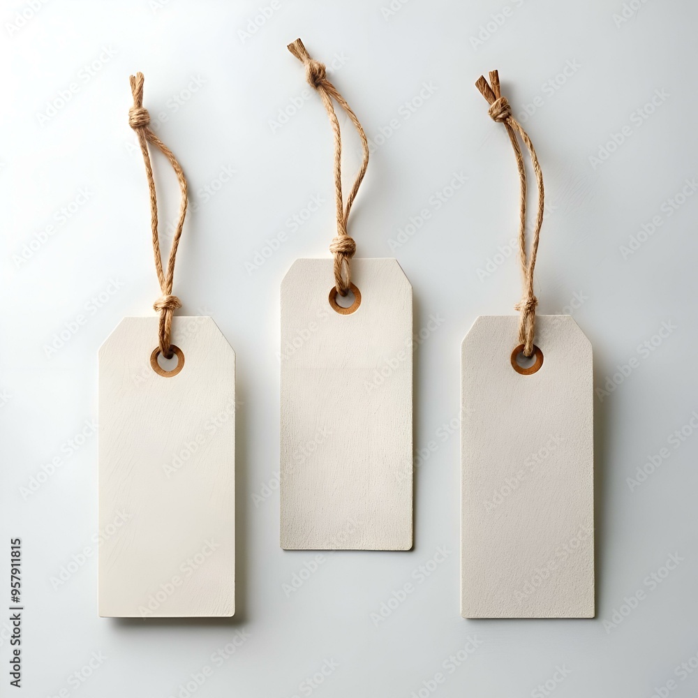 Poster three blank white paper tags with twine strings. perfect for adding your own message.