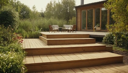 Fototapeta premium beautifully stained wooden deck with steps leading down to the background design 80
